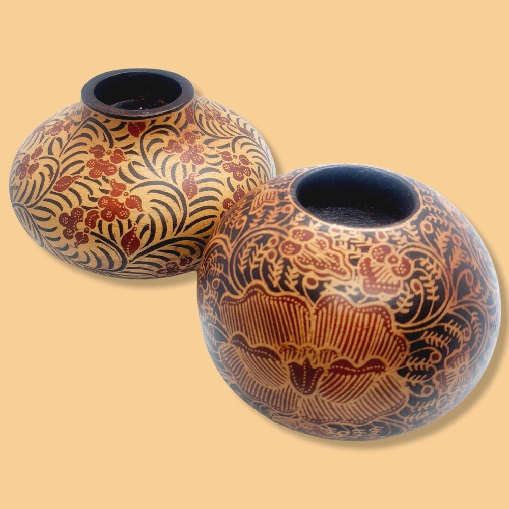 2 Tribal Gypsy Boho Hand Painted Batik Wood Candle Tealight Holder Balls Staging